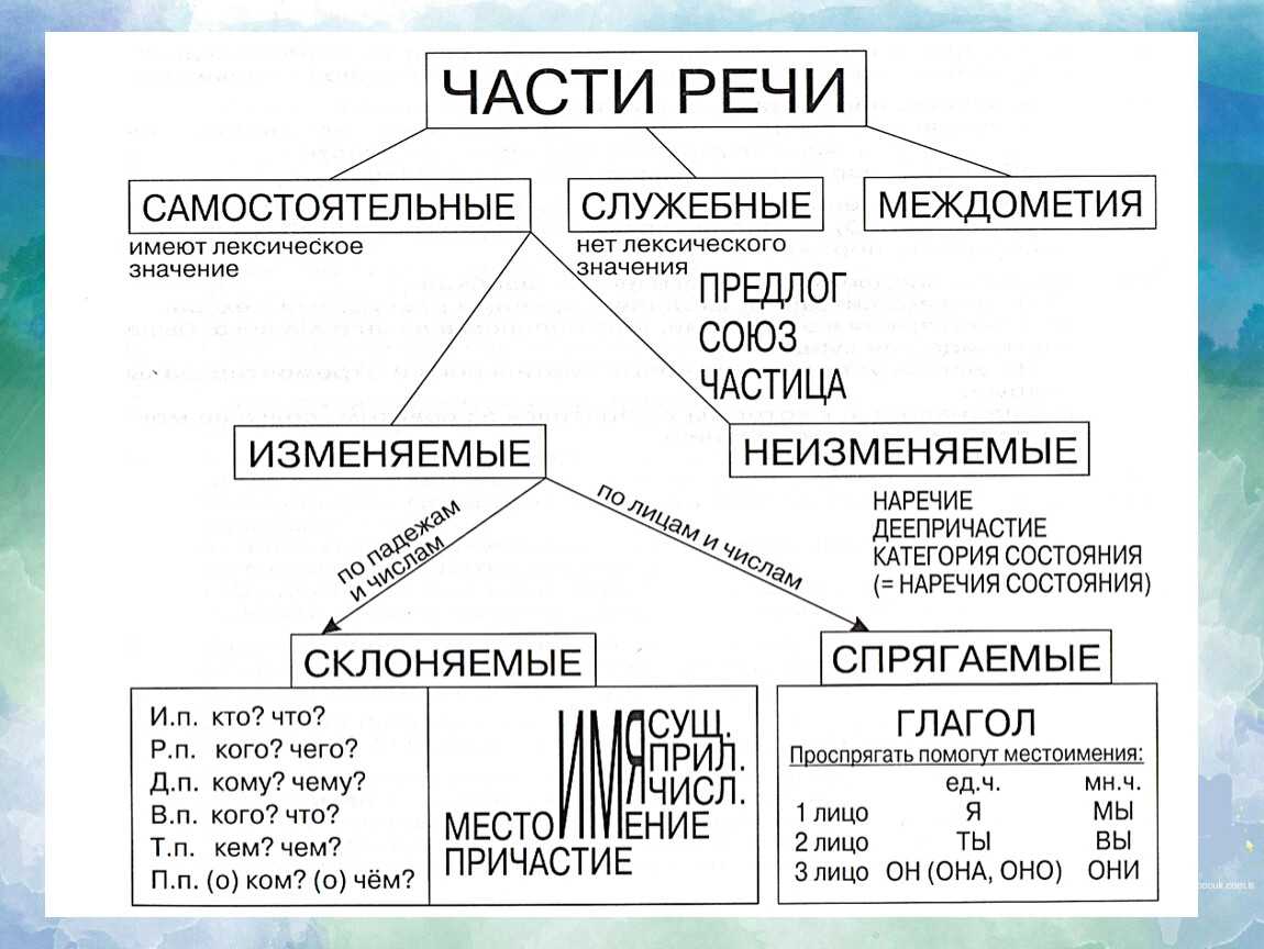 Самостоятельные и служебные части речи схема