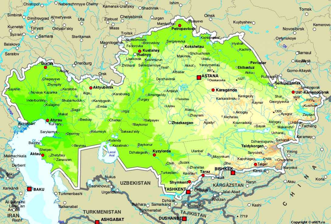 Карта казахстана на русском языке с городами и областями подробная